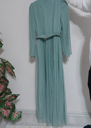 Uzun Turkuaz Pilili Abiye Elbise - Görsel 3