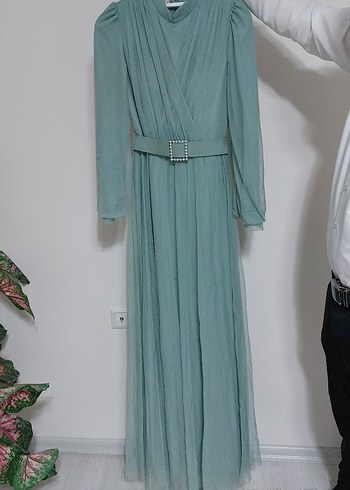 Uzun Turkuaz Pilili Abiye Elbise - Görsel 2