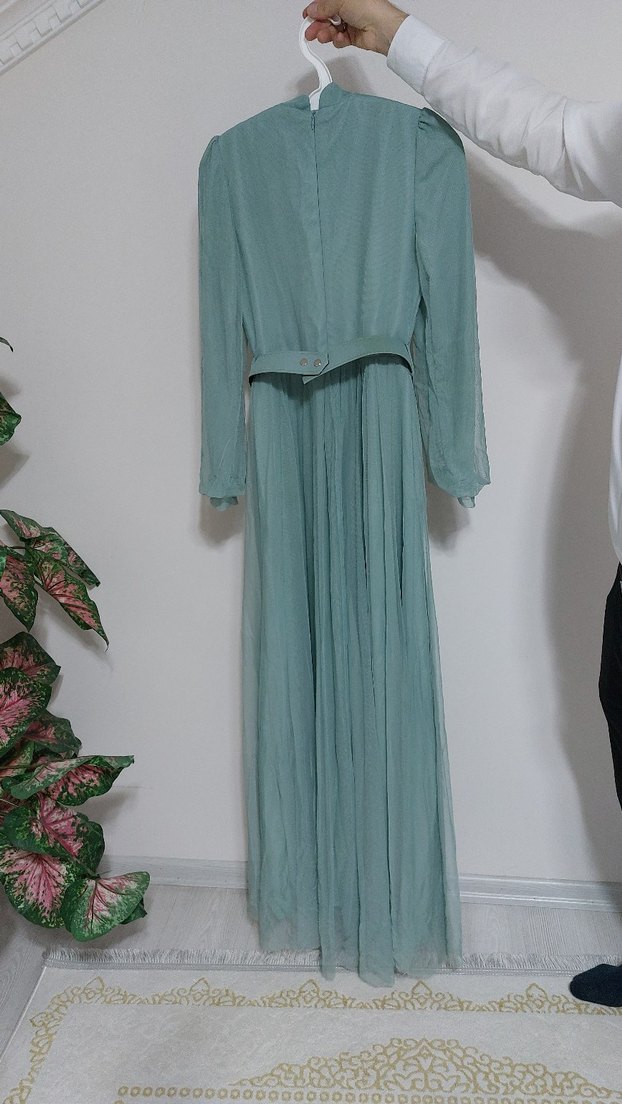 Uzun Turkuaz Pilili Abiye Elbise - Görsel 3