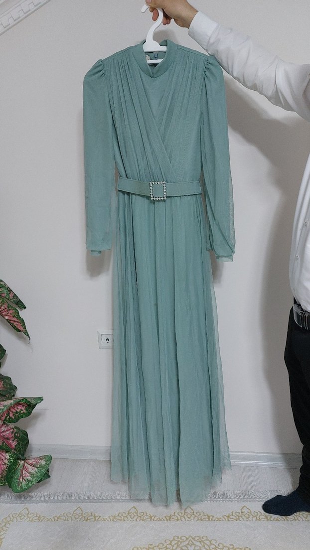 Uzun Turkuaz Pilili Abiye Elbise - Görsel 2