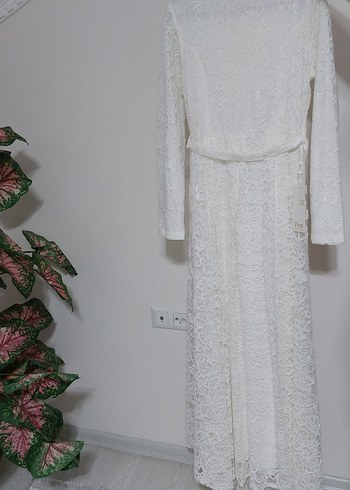 Dantel Detaylı Beyaz Uzun Kollu Kadın Elbise - Görsel 2