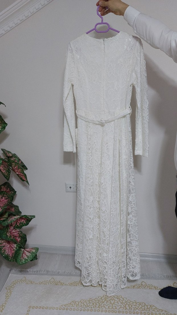 Dantel Detaylı Beyaz Uzun Kollu Kadın Elbise - Görsel 3