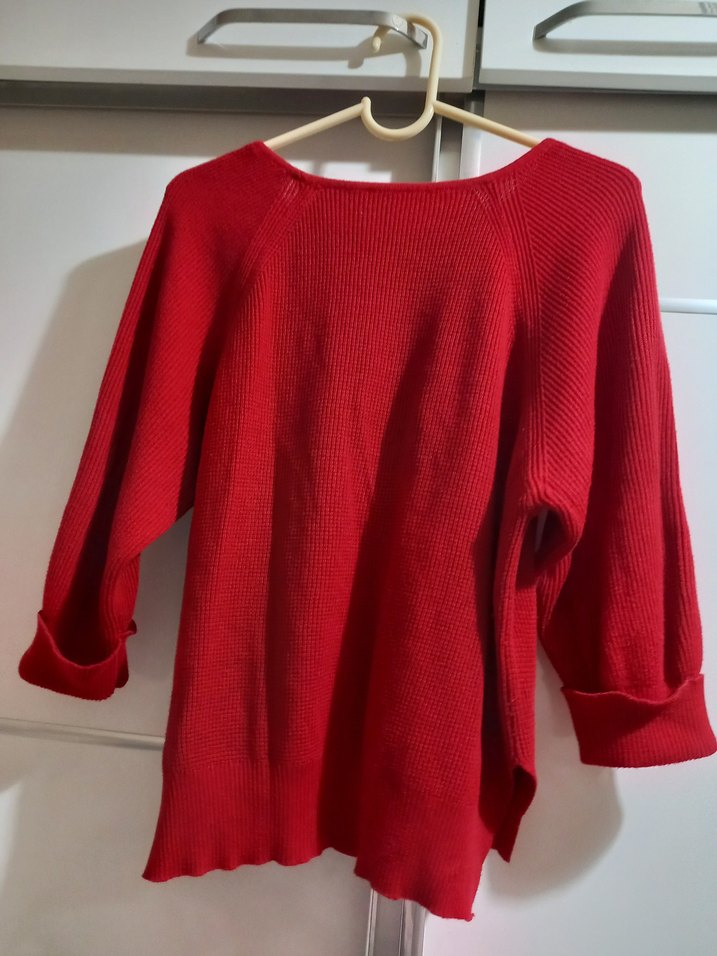 Kırmızı Örgü Salaş Kadın Kazak - Görsel 2