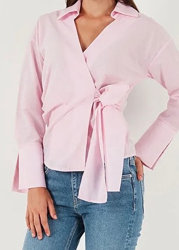 Pembe belden bağlamalı yep yeni gömlek - Görsel 2