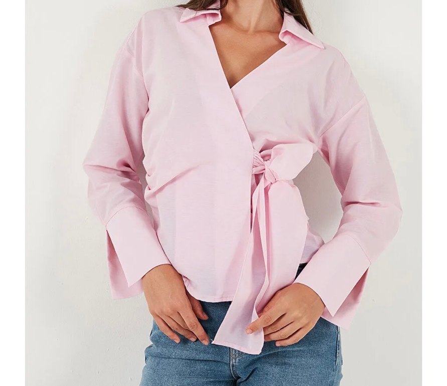 Pembe belden bağlamalı yep yeni gömlek - Görsel 5