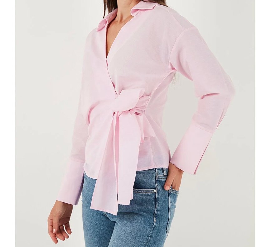 Pembe belden bağlamalı yep yeni gömlek - Görsel 3