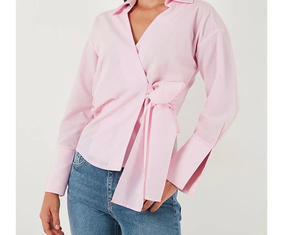 Pembe belden bağlamalı yep yeni gömlek - Görsel 4