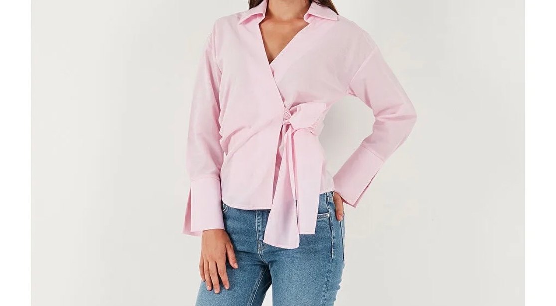 Pembe belden bağlamalı yep yeni gömlek - Görsel 2