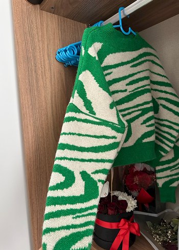 Yeşil Zebra Desenli Örgü Kadın Kazak - Görsel 2