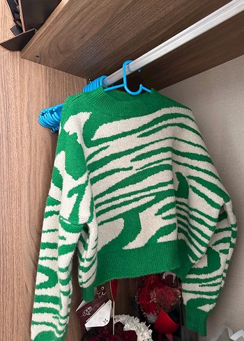 Yeşil Zebra Desenli Örgü Kadın Kazak - Görsel 3