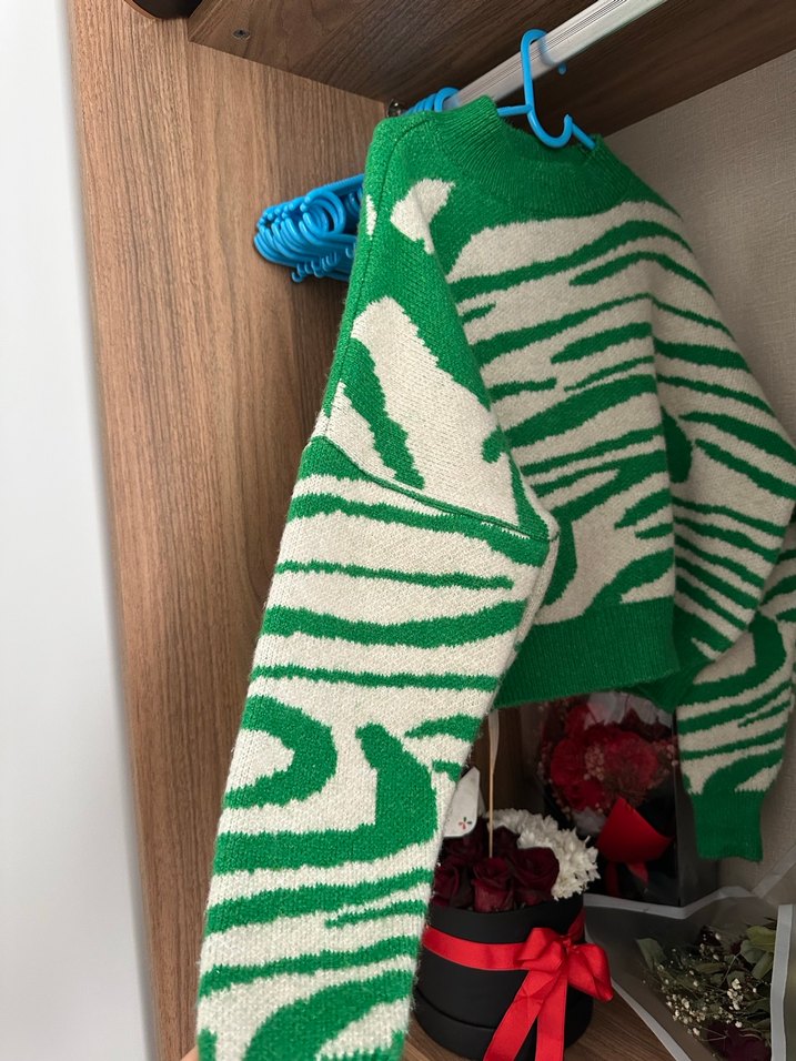 Yeşil Zebra Desenli Örgü Kadın Kazak - Görsel 2