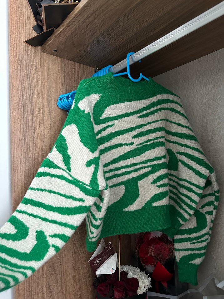 Yeşil Zebra Desenli Örgü Kadın Kazak - Görsel 4