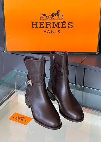 Hermes Tokalı Kahverengi Deri Biker Bot HERMES