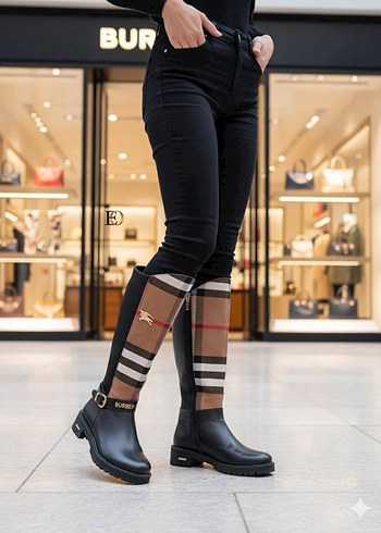 36 Beden kahverengi Renk Kahverengi Kareli Kadın Diz Boyu Bot BURBERRY