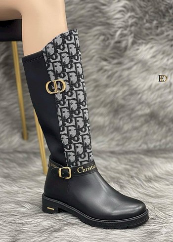 Dior Tokalı Siyah Gri Dizüstü Kadın Çizme DİOR