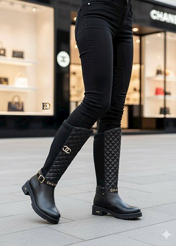 36 Beden Deri Tokalı Siyah Dizüstü Kadın Bot CHANEL