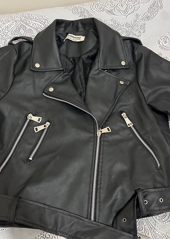 l Beden Siyah Deri Biker Ceket