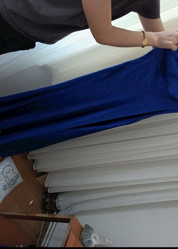 Askısız, Drapeli Uzun Mavi Kadın Elbise - Görsel 5