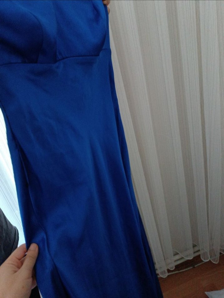 Askısız, Drapeli Uzun Mavi Kadın Elbise - Görsel 4