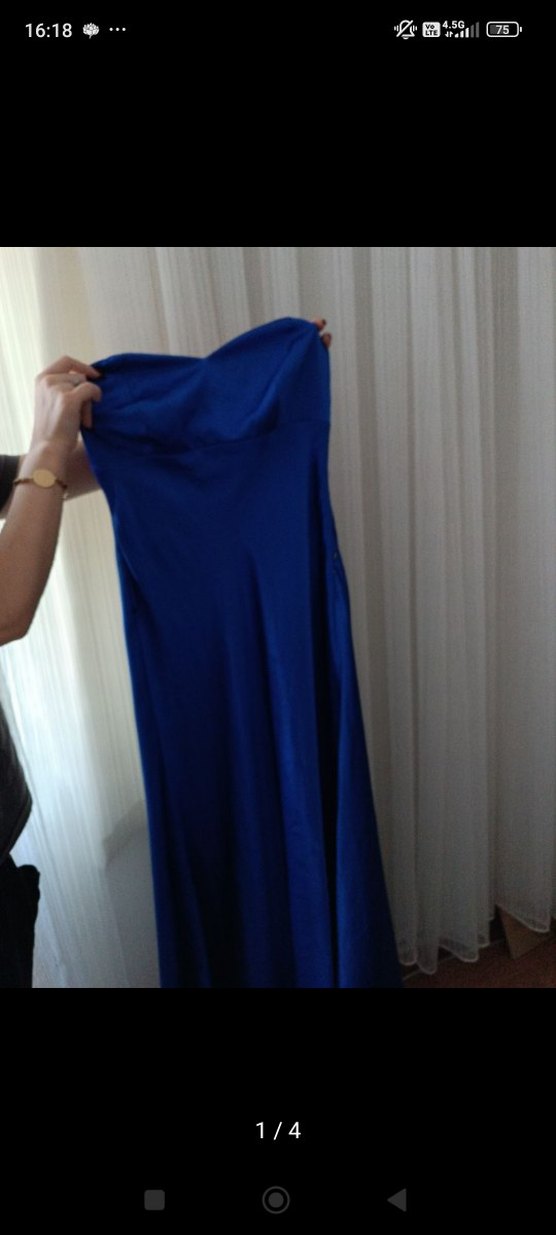 Askısız, Drapeli Uzun Mavi Kadın Elbise - Görsel 2