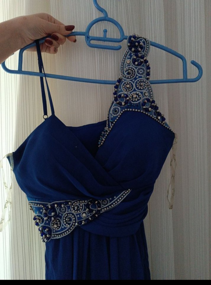 Nakışlı Drapeli Lacivert Uzun Abiye Elbise - Görsel 2