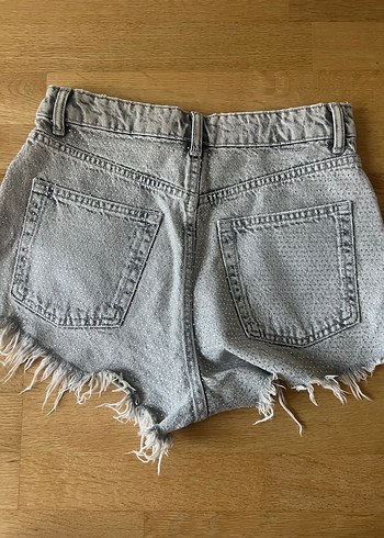 36 Beden gri Renk Gri Taşlı Yırtık Mini Denim Şort