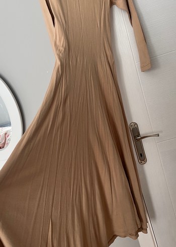Düğmeli Bej dokuma likralı  elbise - Görsel 4