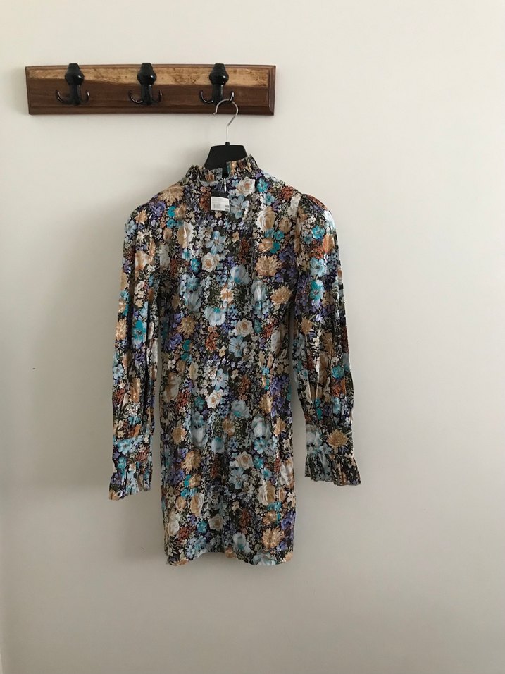 Çiçekli Uzun Kollu Bohem Mini Elbise - Görsel 2