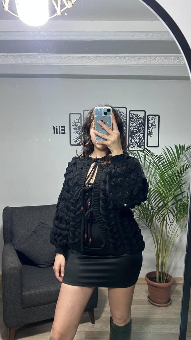 Siyah hırka bağcık aksesuar acurlu dokuma standart beden - Görsel 4