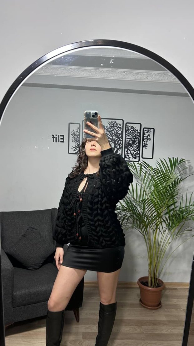 Siyah hırka bağcık aksesuar acurlu dokuma standart beden - Görsel 2