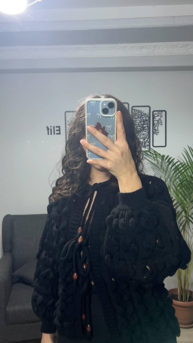 Siyah hırka bağcık aksesuar acurlu dokuma standart beden - Görsel 5