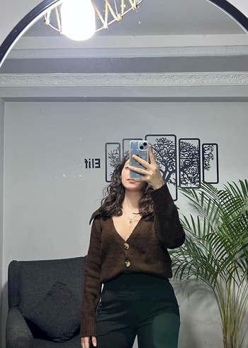 Kahverengi şal yaka hırka - Görsel 4