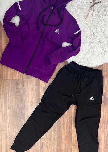 Adidas Erkek kız Çocuk Fermuarlı Kapüşonlu Sweatshirt ve Siyah Eşofman