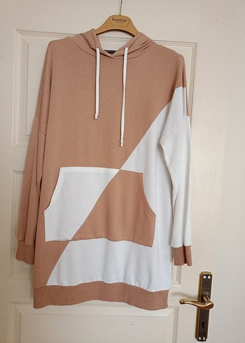 l Beden çeşitli Renk Bej Kapüşonlu Oversize Kadın Sweatshirt