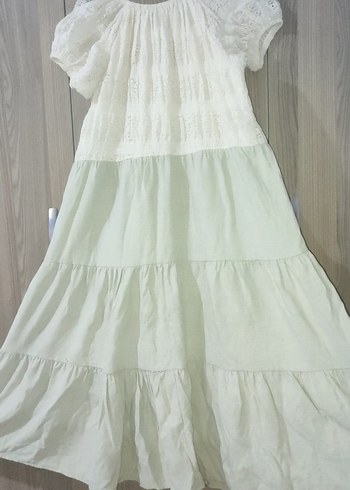 Düğmeli Beyaz Uzun Keten Bohem Elbise - Görsel 5