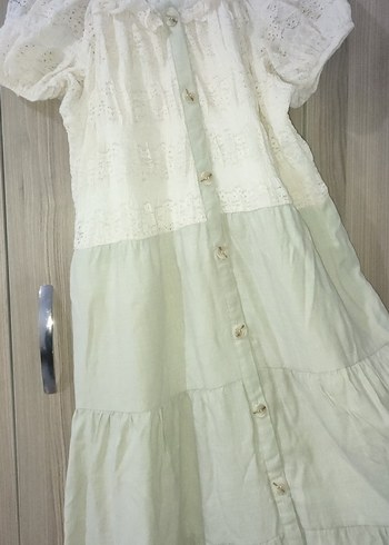 Düğmeli Beyaz Uzun Keten Bohem Elbise - Görsel 3