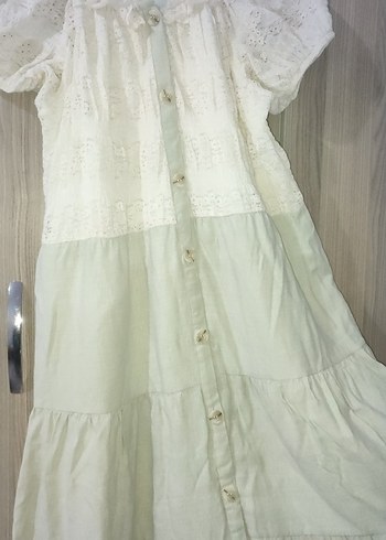 Düğmeli Beyaz Uzun Keten Bohem Elbise - Görsel 4