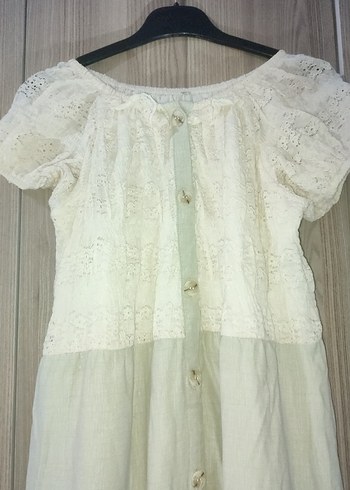 Düğmeli Beyaz Uzun Keten Bohem Elbise - Görsel 2