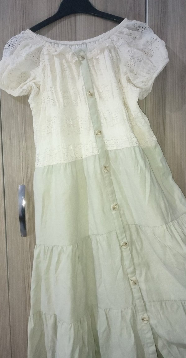 Düğmeli Beyaz Uzun Keten Bohem Elbise - Görsel 3