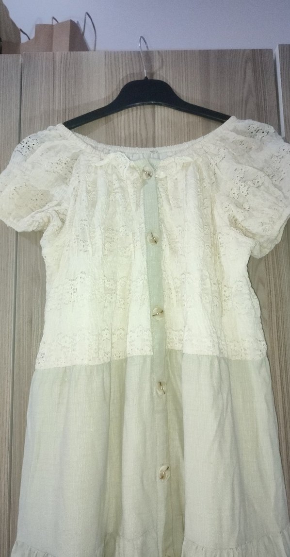 Düğmeli Beyaz Uzun Keten Bohem Elbise - Görsel 2