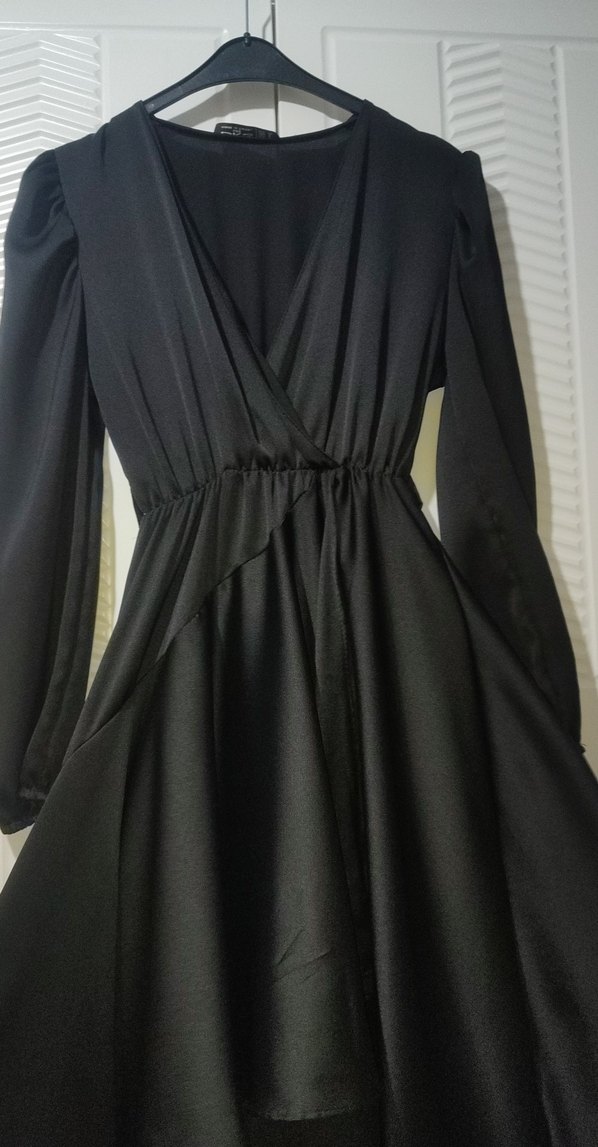 Siyah Uzun Kollu V Yakalı Uzun Elbise - Görsel 2