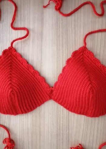 Tasarımcı Kırmızı Örgü İp Askılı Bikini Üstü