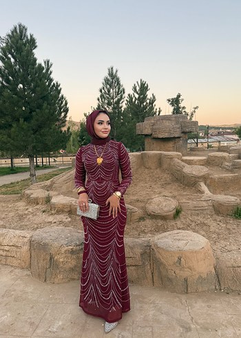 Bordo Uzun Abiye Elbise satılık