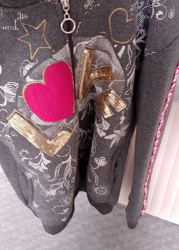 Kız Çocuk Gri Kapüşonlu Fermuarlı Sweatshirt - Görsel 4