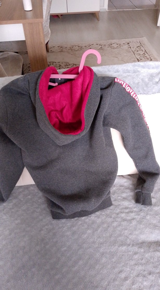 Kız Çocuk Gri Kapüşonlu Fermuarlı Sweatshirt - Görsel 2