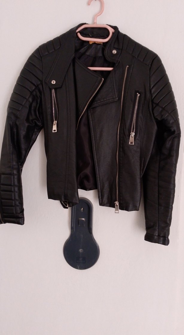 Siyah Kadın Deri Biker Ceket - Görsel 2
