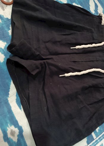 38 Beden Kadın Siyah Keten Bol Kesim Kemerli Şort