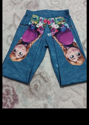 Kız Çocuk Renkli Baskılı Triko Denim Tayt - Görsel 3