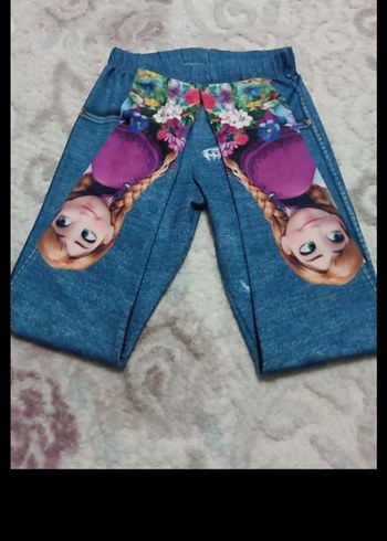 Kız Çocuk Renkli Baskılı Triko Denim Tayt - Görsel 4