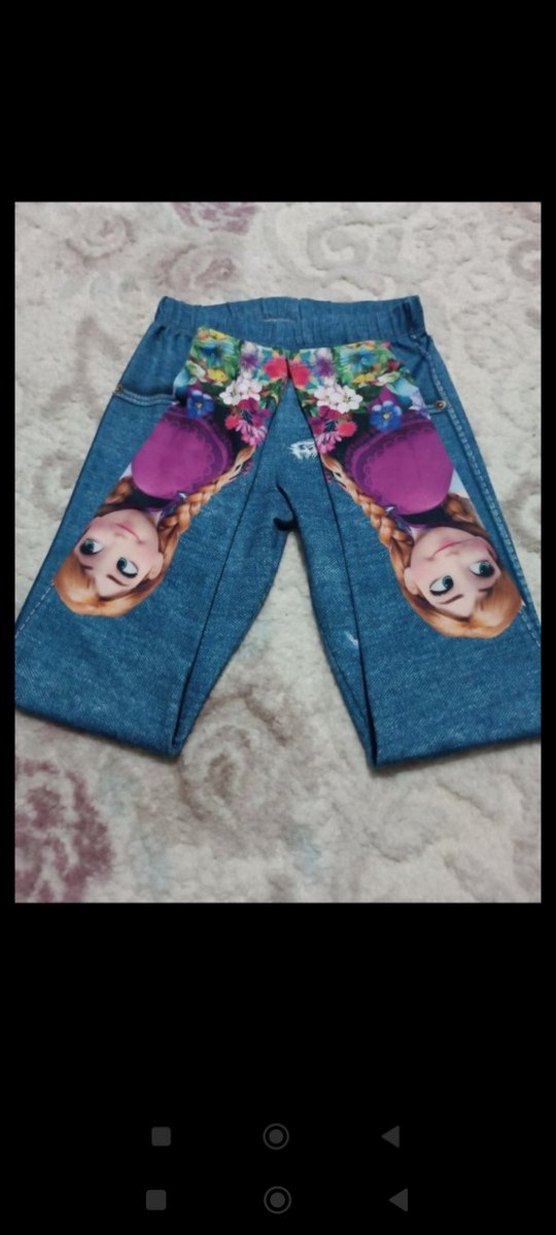 Kız Çocuk Renkli Baskılı Triko Denim Tayt - Görsel 4